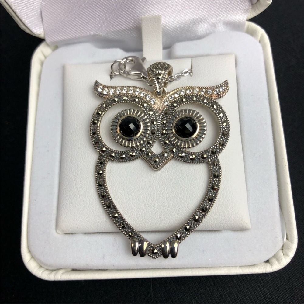 Sterling Silver Onyx Swarovski Marcasite Crystal Owl Pendant